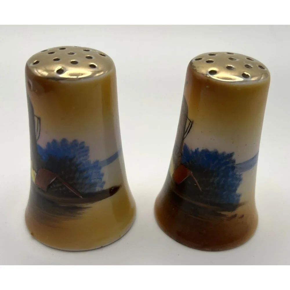 Vtg Chikaramachi of Japan Hand Painted Windmill Salt & Pepper Shakers Gold Tops